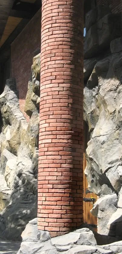 Cylindrical brick column and natural rock masonry on a residential exterior